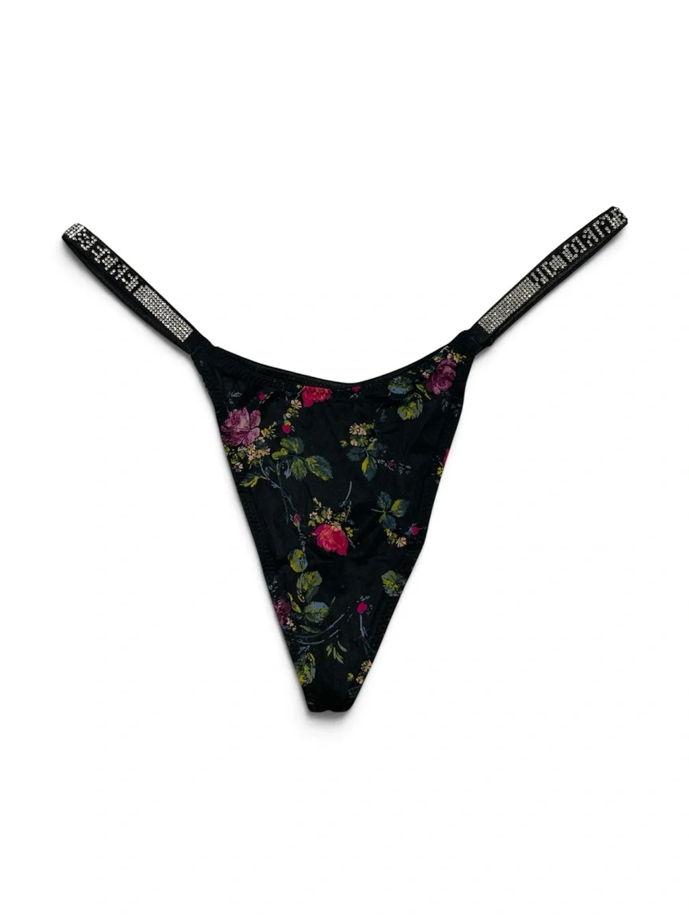 Victoria's Secret Very Sexy Black Floral Rhinestone-Trim V-String Thong | S NWT